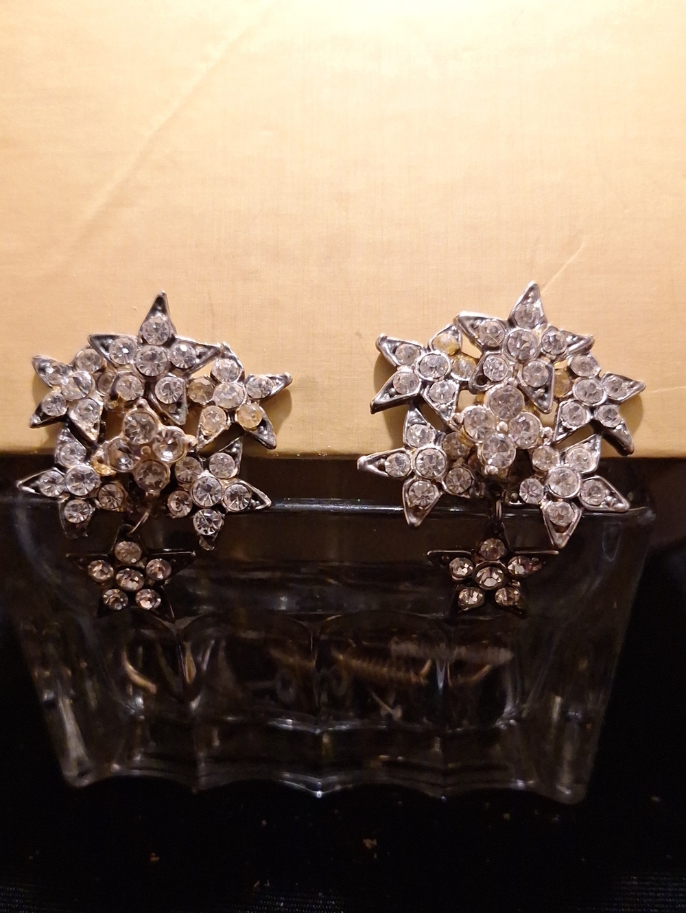 Vintage Clear Crystal Starburst Drop Earrings - Silver Tone